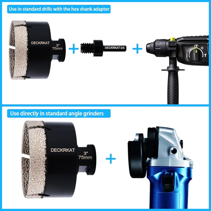 DECKRKAT Diamond Hole Saw, 3" Hole Saw for Tiles Granite Marble Ceramic Glass Porcelain, 75mm Core Drill Bit with 5/8-11 Thread and 3/8” Hex Shank Adapter for Angle Grinders & Drills - Image 4